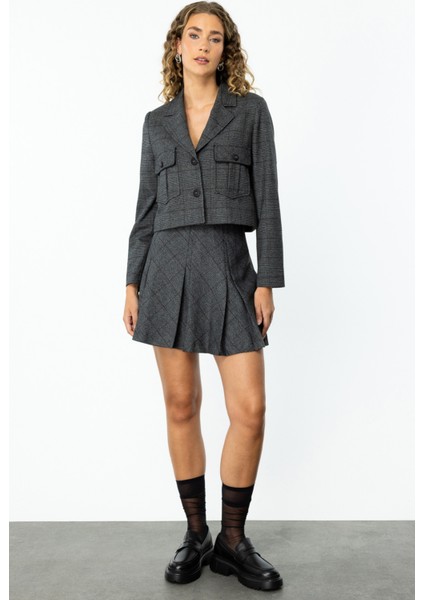 Kadın Ekoseli Mini Boy Etek 1095 Antrasit