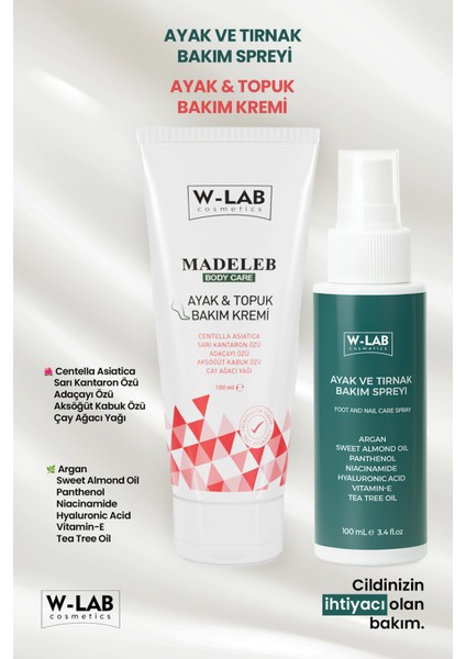 Kozmetik Ayak Topuk Bakım Kremi 100 ml ve W-Lab Kozmetik Ayak Tırnak Bakım Spreyi 100 ml