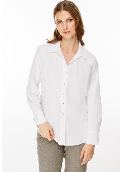 Kadın Büyük Beden Gömlek Yaka Önü Düğmeli Bluz 2581 Ekru