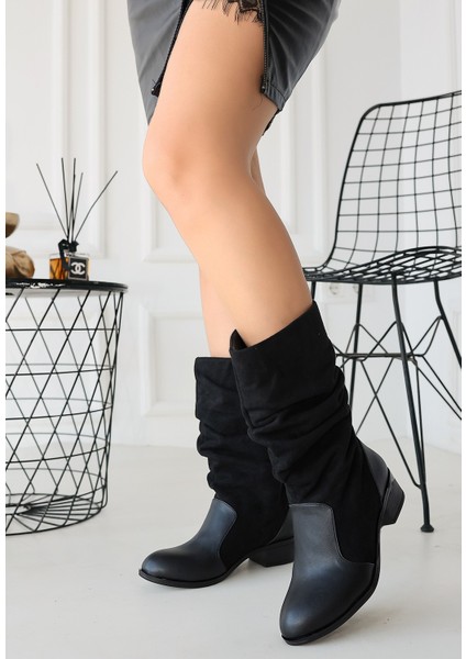 Eyesof Jolin Siyah Cilt Süet Detaylı Çizme