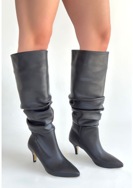 Eyesof Zelya Siyah Cilt Topuklu Çizme