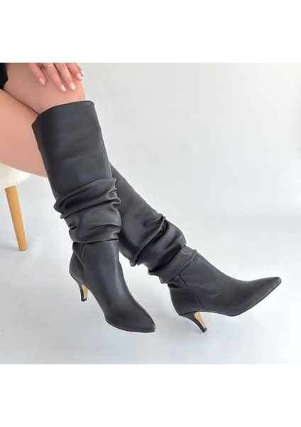 Eyesof Zelya Siyah Cilt Topuklu Çizme