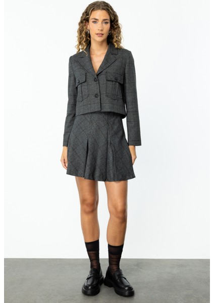 Kadın Ekoseli Kapak Cepli Ceket 1093 Antrasit modelleri