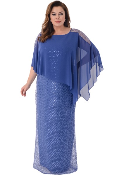 Büyük Beden Indigo Renkli Asimetrik Kesim Pul Payetli Uzun Abiye Elbise fiyatları
