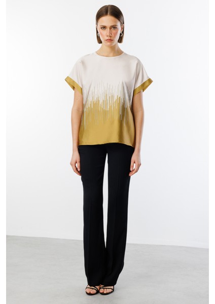 Kadın Altı Desenli Sıfır Yaka Bluz 3106 Safran modelleri