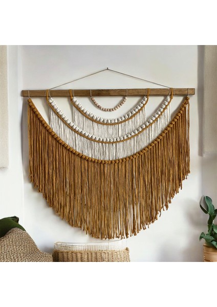 El Yapımı Makrome Boho Duvar Süsü, Salon ve Yatak Odası Dekoru, Büyük Rustik Dekor ( Hardal- Krem)
