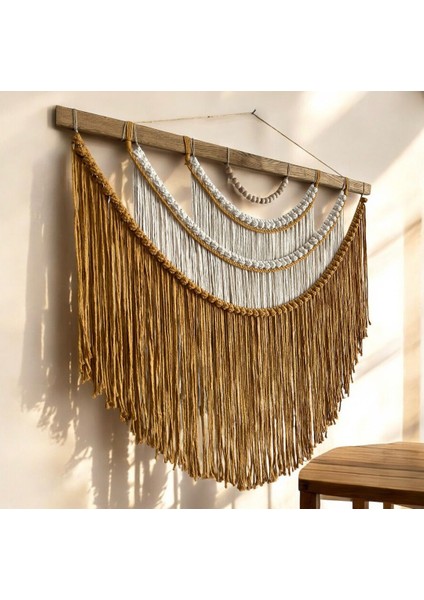 El Yapımı Makrome Boho Duvar Süsü, Salon ve Yatak Odası Dekoru, Büyük Rustik Dekor ( Hardal- Krem) fiyatları