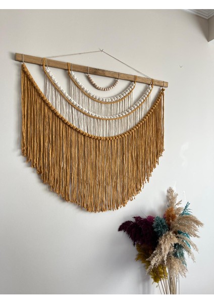 El Yapımı Makrome Boho Duvar Süsü, Salon ve Yatak Odası Dekoru, Büyük Rustik Dekor ( Hardal- Krem) fırsatları