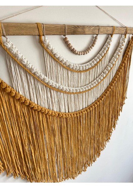 El Yapımı Makrome Boho Duvar Süsü, Salon ve Yatak Odası Dekoru, Büyük Rustik Dekor ( Hardal- Krem) indirimleri