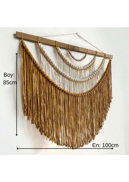El Yapımı Makrome Boho Duvar Süsü, Salon ve Yatak Odası Dekoru, Büyük Rustik Dekor ( Hardal- Krem)