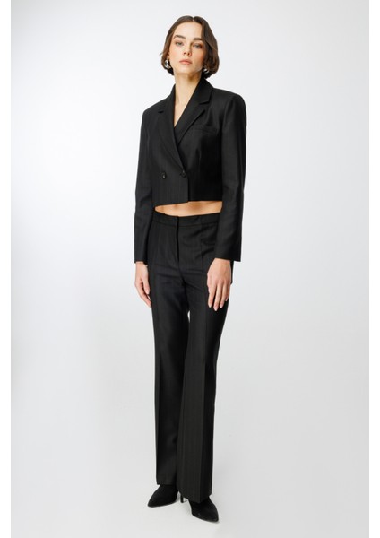 Kadın Çizgi Desenli Ispanyol Paça Pantolon 1143 Siyah