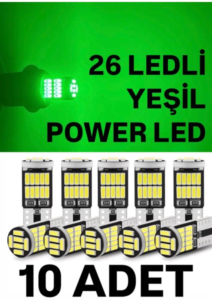 T10 LED 26 Ledli 10 Adet W5W Metal Ultra Power Yeşil Park Plaka Tavan Ampulü