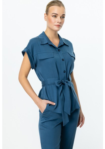 Kadın Beli Kuşaklı Kısa Kol Bluz 3322 Indigo fiyatları