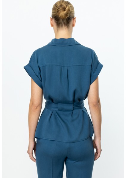 Kadın Beli Kuşaklı Kısa Kol Bluz 3322 Indigo fırsatları