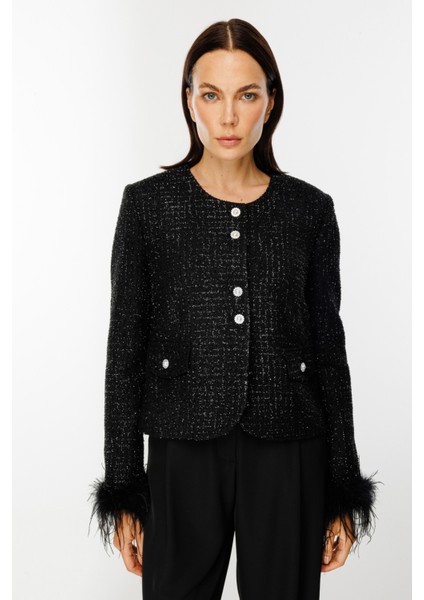 Kadın Kolları Tüylü Kapak Cepli Ceket 1125 Siyah
