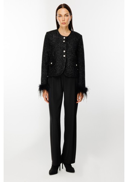 Kadın Kolları Tüylü Kapak Cepli Ceket 1125 Siyah modelleri