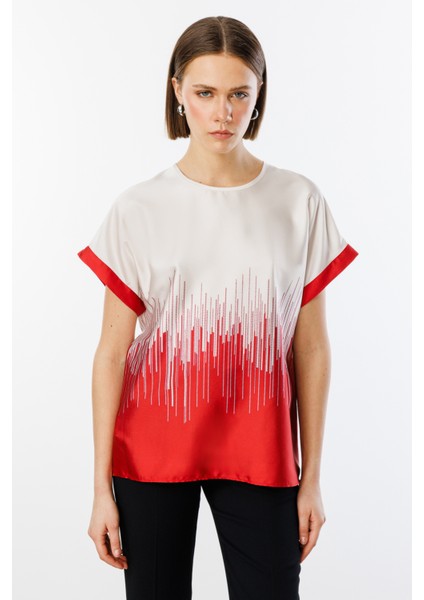 Kadın Altı Desenli Sıfır Yaka Bluz 3106 Kırmızı