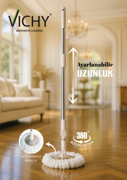 Vıchy Mop Sap Seti (Ayarlanabilir Alüminyum Sap-Çelik Mop Başlığı,mikrofiber Bez) 3lü Set VCH-6681