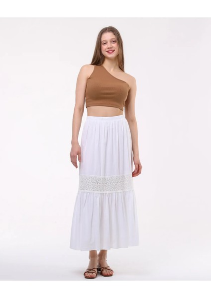 Güpür Detaylı Astarlı Keten Kumaş Uzun Etek