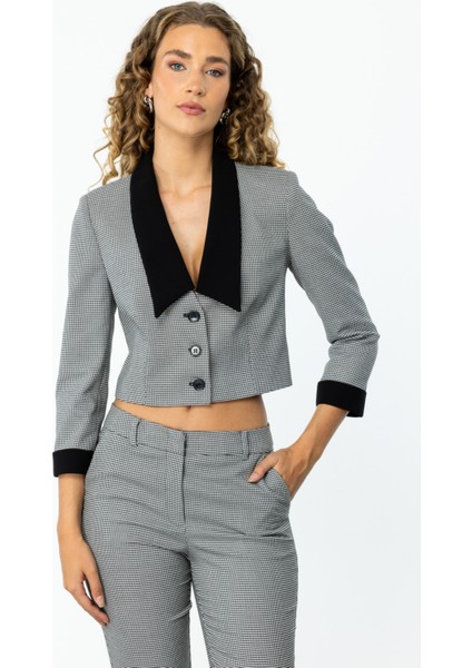 Kadın Kazayağı Desenli Crop Ceket 1177 Siyah modelleri