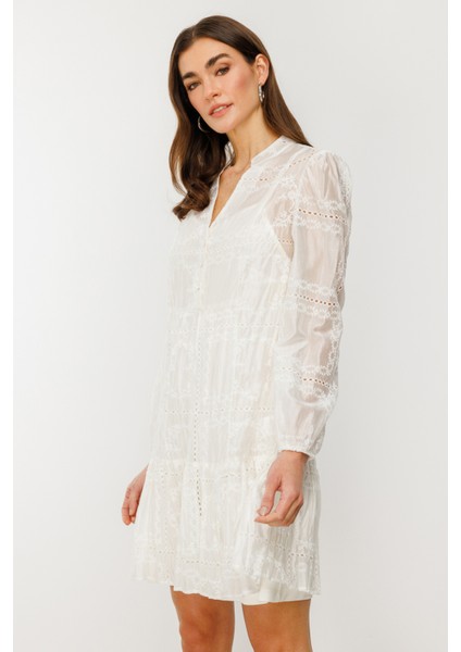 Kadın Uzun Kol Nakışlı Elbise 5010 Ekru fiyatları