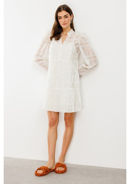 Kadın Uzun Kol Nakışlı Elbise 5010 Ekru modelleri