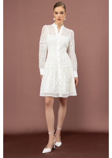 Kadın Çiçek Nakışlı Düğmeli Elbise 5008 Ekru