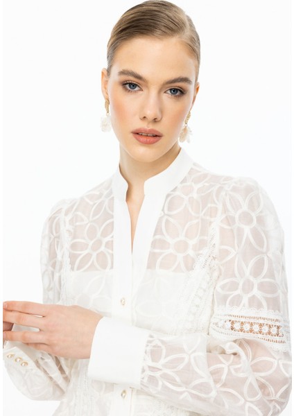 Kadın Çiçek Nakışlı Düğmeli Elbise 5008 Ekru modelleri