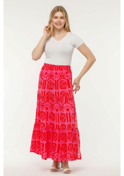 Viskon Kumaş Pembe Kırmızı Desenli Fırfırlı Yırtmaçlı Uzun Etek