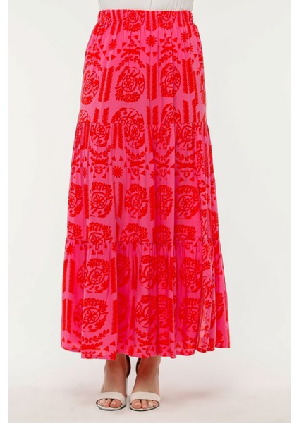 Viskon Kumaş Pembe Kırmızı Desenli Fırfırlı Yırtmaçlı Uzun Etek modelleri