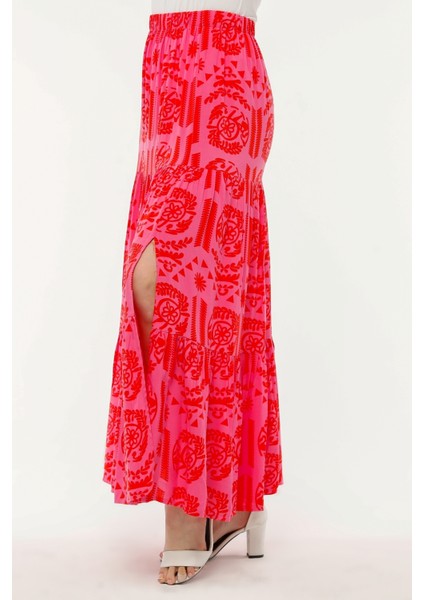 Viskon Kumaş Pembe Kırmızı Desenli Fırfırlı Yırtmaçlı Uzun Etek fırsatları