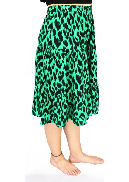 Yeşil Leopar Viskon Kumaş Midi Boy Kadın Şort Etek fiyatları