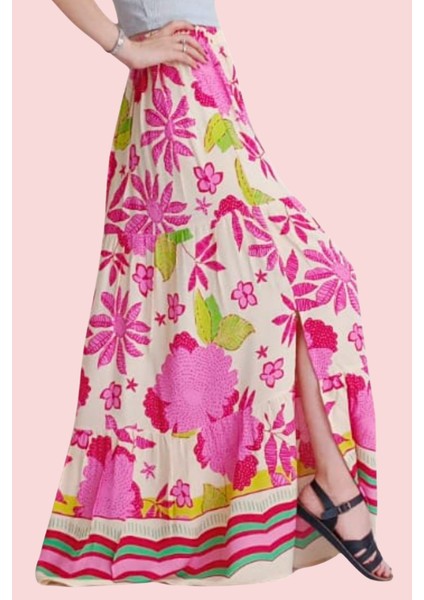 Viskon Kumaş Yırtmaçlı Çiçek Desenli Uzun Etek fiyatları