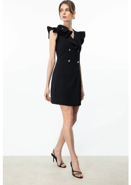 Kadın Omzu Gül Detaylı Midi Boy Elbise 5048 Siyah