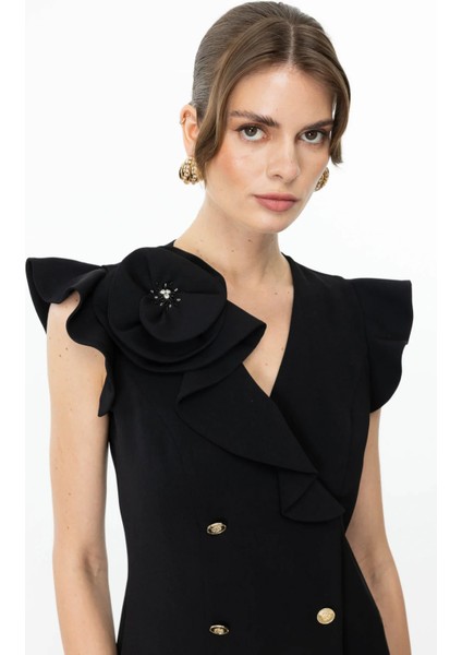 Kadın Omzu Gül Detaylı Midi Boy Elbise 5048 Siyah modelleri