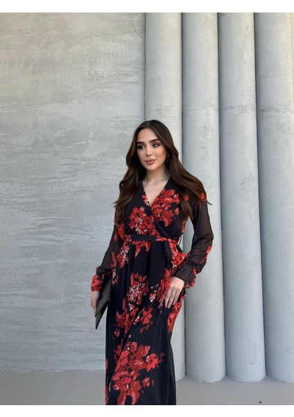 Çiçek Desen Lastikli Volan Kol Detaylı Siyah Şifon Elbise modelleri