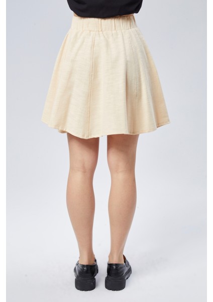 Flamlı Keten Parçalı Kısa Kloş Etek