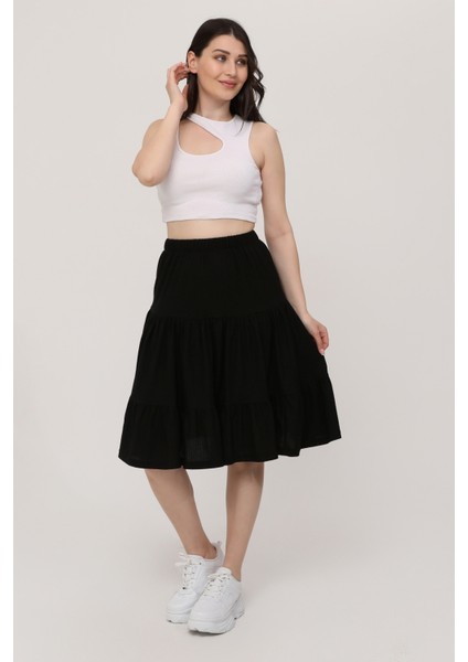 Belmando Viskon Kumaş Midi Boy Siyah Şort Etek modelleri