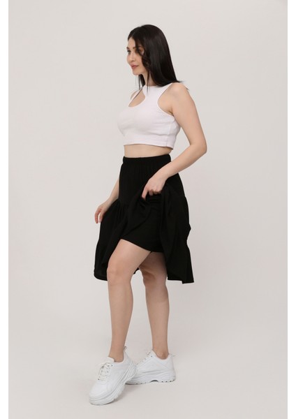 Belmando Viskon Kumaş Midi Boy Siyah Şort Etek