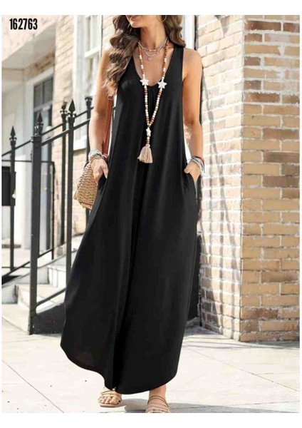 Kadın Askılı Yuvarlak Yaka Cepli Salaş Uzun Viskon Tulum, Kırmızı Gül Figürlü Kolye Hediye