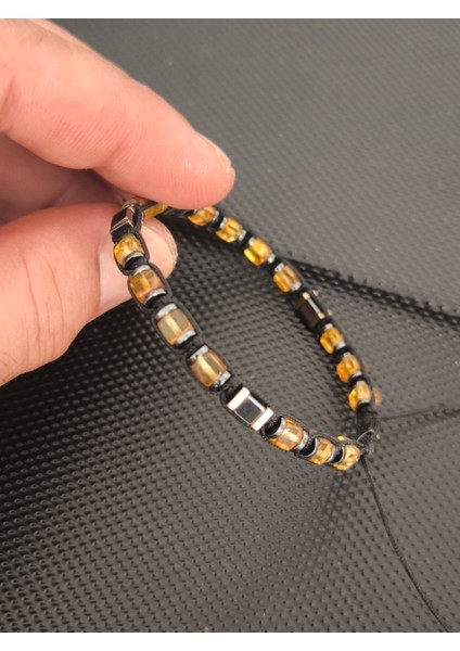 Sertifikalı Damla Kehribar-Silindir Kaplangözü-Hematit Doğaltaş Bileklik Takı Aksesuar Erkek Bileklik