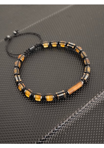 Sertifikalı Damla Kehribar-Silindir Kaplangözü-Hematit Doğaltaş Bileklik Takı Aksesuar Erkek Bileklik