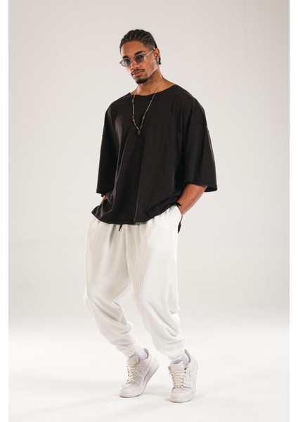 Fitilli Pileli Beyaz Şalvar Pantolon