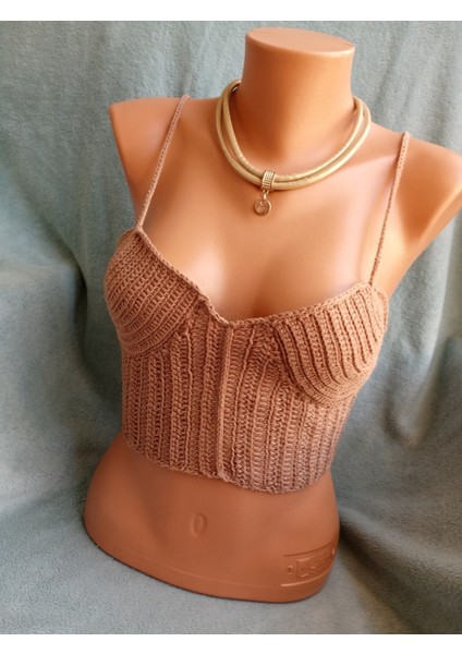 Vip Handmade Koyu Bej Crop Top Büstiyer modelleri