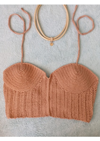 Vip Handmade Koyu Bej Crop Top Büstiyer