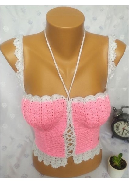 Crop Top Büstiyer Şeker Pembe Beyaz Renk Handmade fırsatları