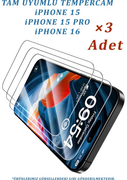 3 Adet iPhone 15 Pro Uyumlu Temperli Cam Ekran Koruyucu Kırılmaz Cam (3 Adet)