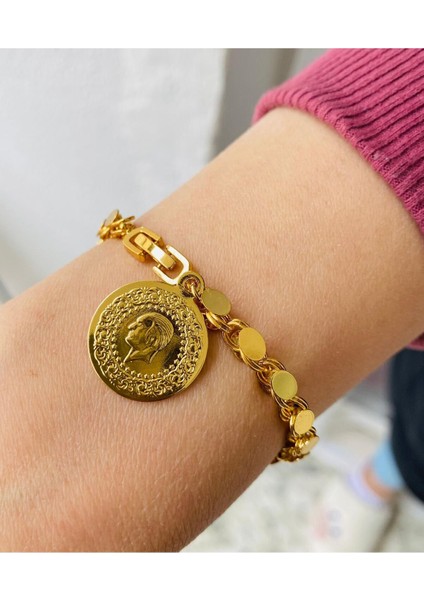 22 Ayar Altın Kaplama Çok Şık Arpa Zincirli Paralı Bileklik Garantili ve Kuyumcu Kalitesinde