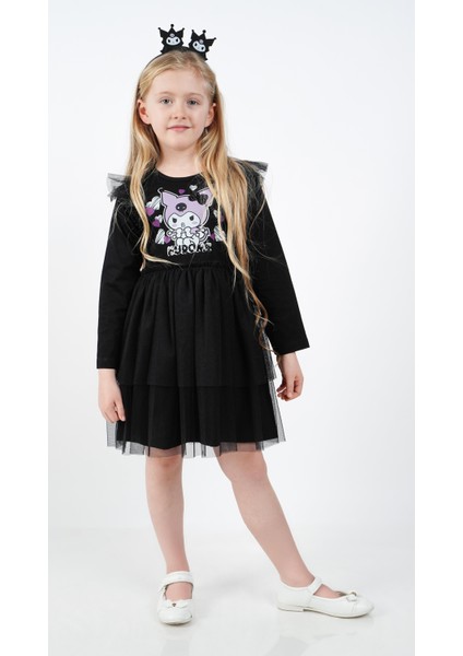 Kuromi Siyah Tül Detaylı Kız Çocuk Elbisesi