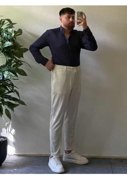 Lacivert Beyaz Çizgili Modal Kumaş Gömlek Üst Kalite Kumaş Erkek Gömlek Kadın Unısex